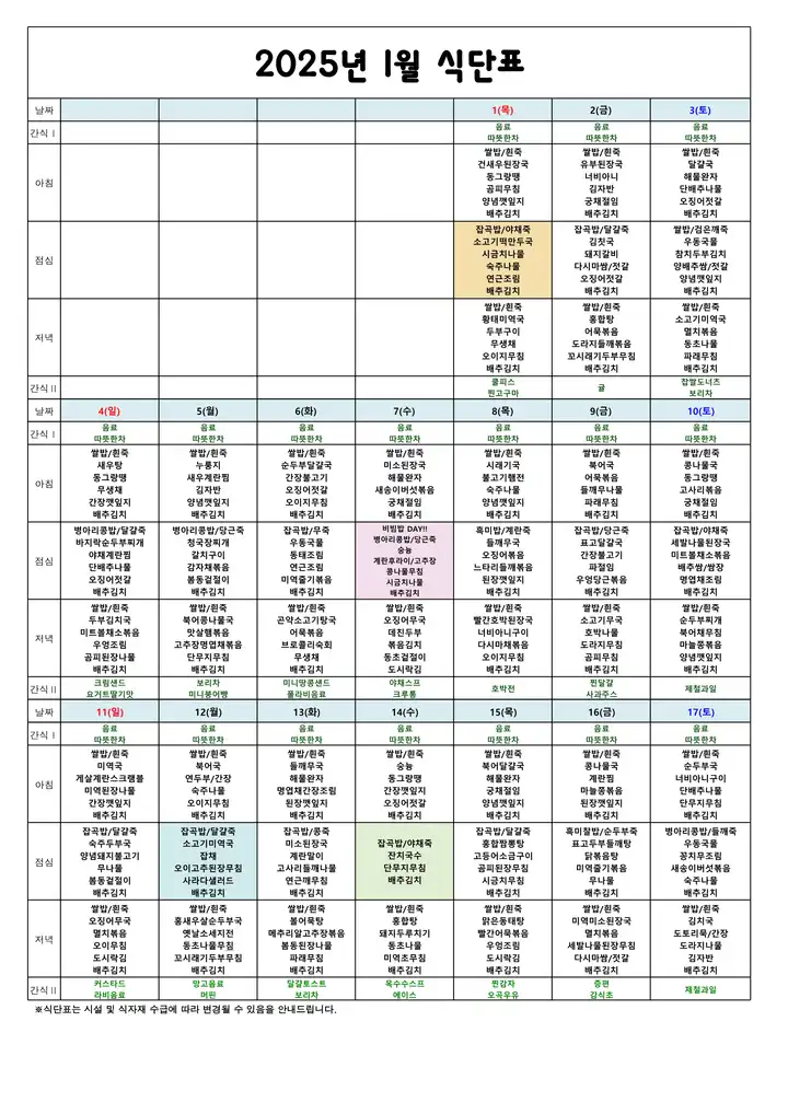 2026년 1월 식단표